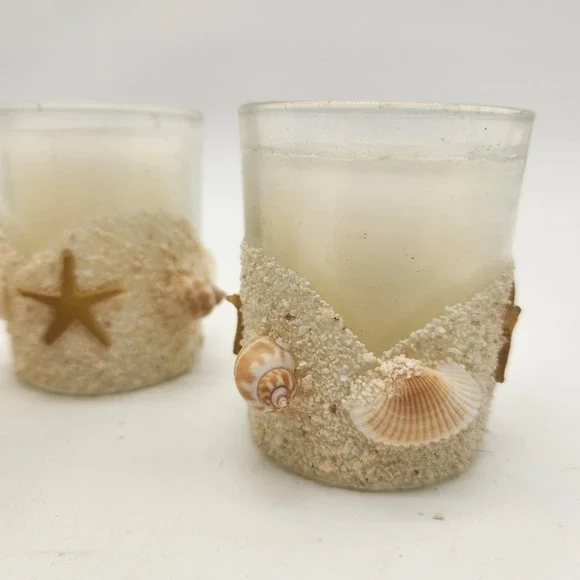 Trio of New Beach Themed Votive Candle Holders With Candles Seashell Sand Decor - Picture 4 of 7